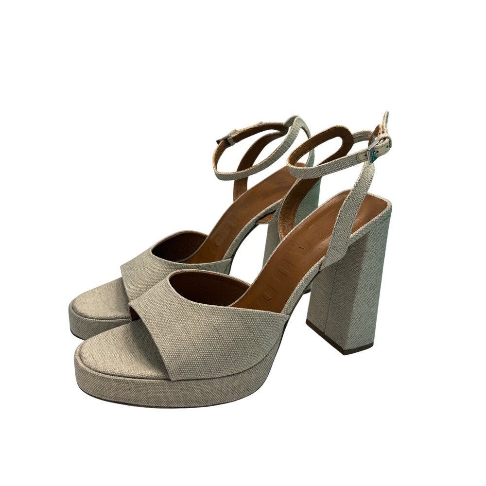 Staud Women Cream Canvas Platform Block Heel Ankle Strap Sandals Size 41.5